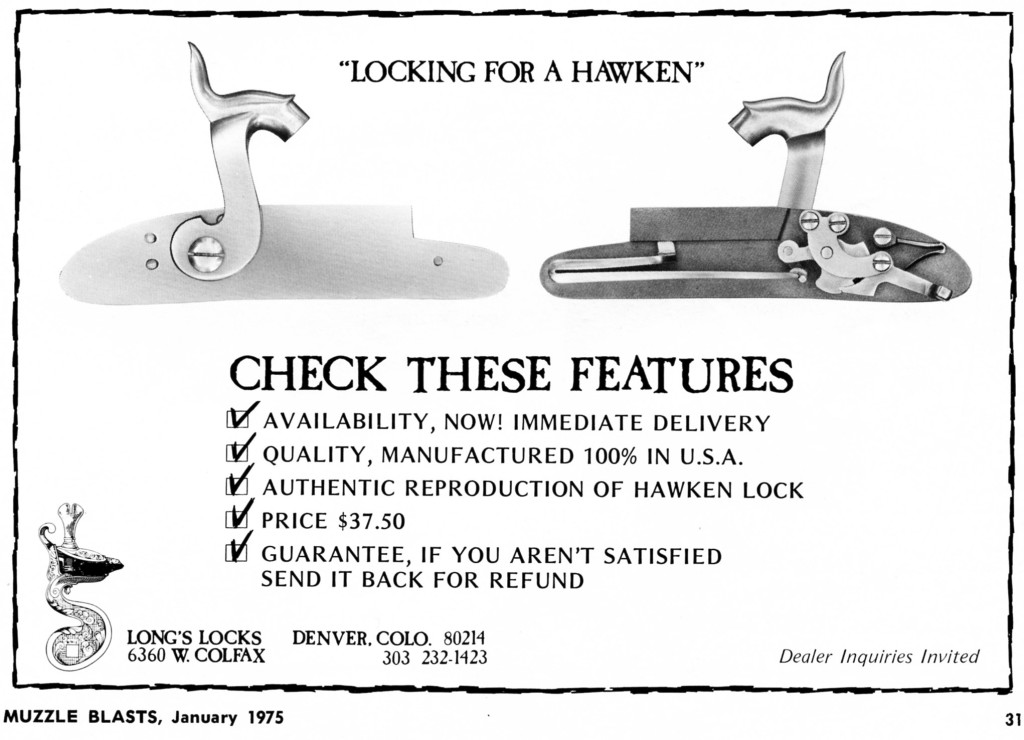 Ron Long 1st Hawken Lock ad, Jan 1975 Muzzle Blasts