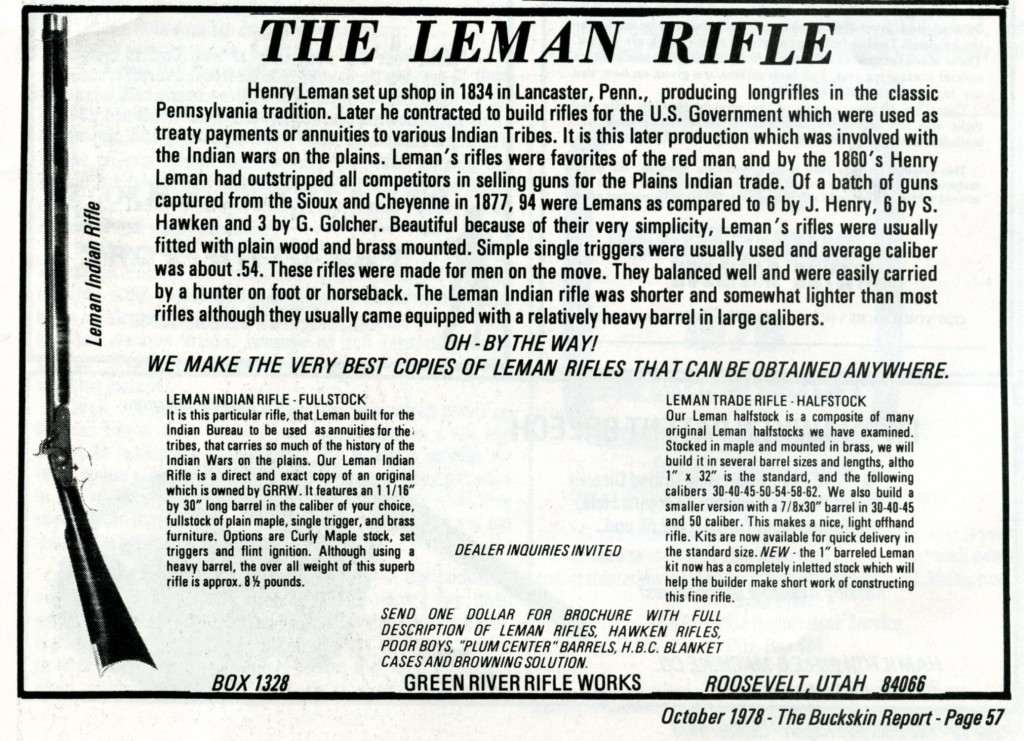 GRRW Leman Indian Rifle ad from Oct 78 BuckSkin Report