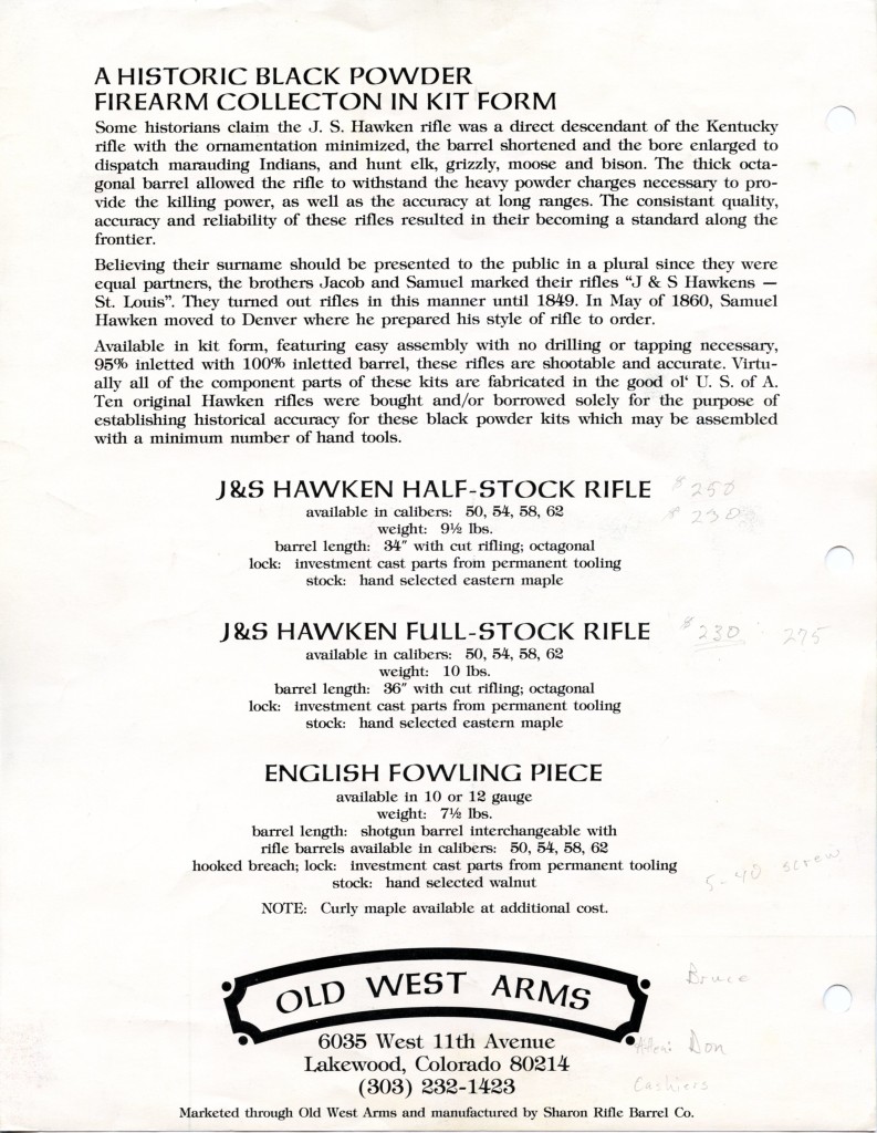 Old West Arms Sharon Hawken Kit brochure back